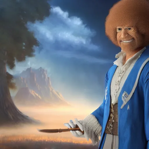 Image similar to an ultra detailed matte painting bob ross as a blue mage from final fantasy, fantasy, concept art by john collier and albert aublet, octane render, 8 k, detailed face