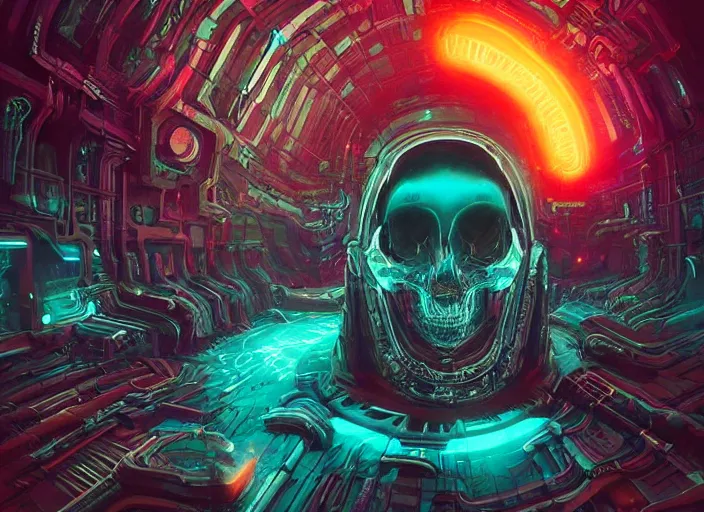 Image similar to a futuristic skull with glowing eyes and a wormhole tunnel cyberpunk art by android jones, cyberpunk art by beeple!!!!, featured on artstation, darksynth, synthwave