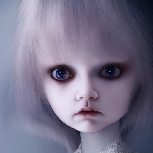 Image similar to porcelain doll with a spirit trapped inside stares intently into the camera, endless gaze, nightmare digital art, artstation, ultra detailed, beautiful aesthetic art