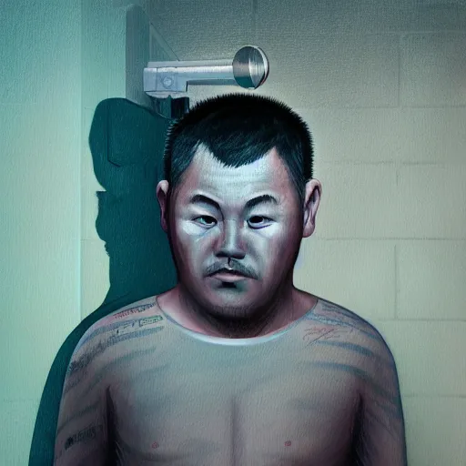 Prompt: inmate Justin Sun, big head in prison, painted by Mike Winkelmann