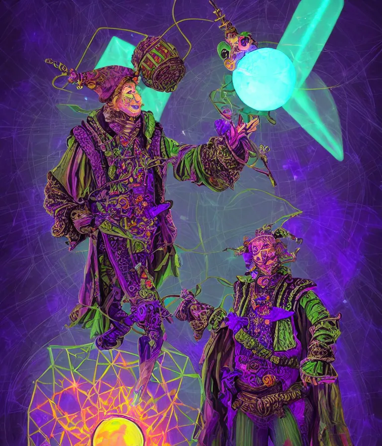 Image similar to front!!! shot of a court jester!!! character, hyperdimensional, (bioluminescent) hypercubes, dark holography!!!, ((sunset)) ((psychedelic)), spectral, (((intricate))), elegant, highly detailed, centered, (((artstation, concept art, smooth, sharp focus, artgerm, Tomasz Alen Kopera, Peter Mohrbacher, donato giancola, Joseph Christian Leyendecker, WLOP, Boris Vallejo))), mugshot!!!!!, ugly!!!!!!, octane render, nvidia raytracing demo, octane render, nvidia raytracing demo, octane render, nvidia raytracing demo, grainy, muted, 8K, digitalblasphemy, metatron