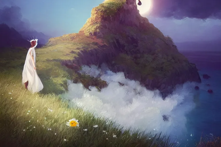 Prompt: large white daisy flowers crown over head, girl walking on cliff, surreal photography, solar eclipse, stars, dramatic light, impressionist painting, clouds, digital painting, artstation, james gilleard, liam wong, jeremy mann, simon stalenhag