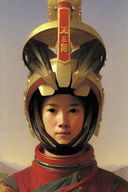 Image similar to portrait of a loong astronaut with chinese dragon armor and helmet, majestic, solemn, by bouguereau