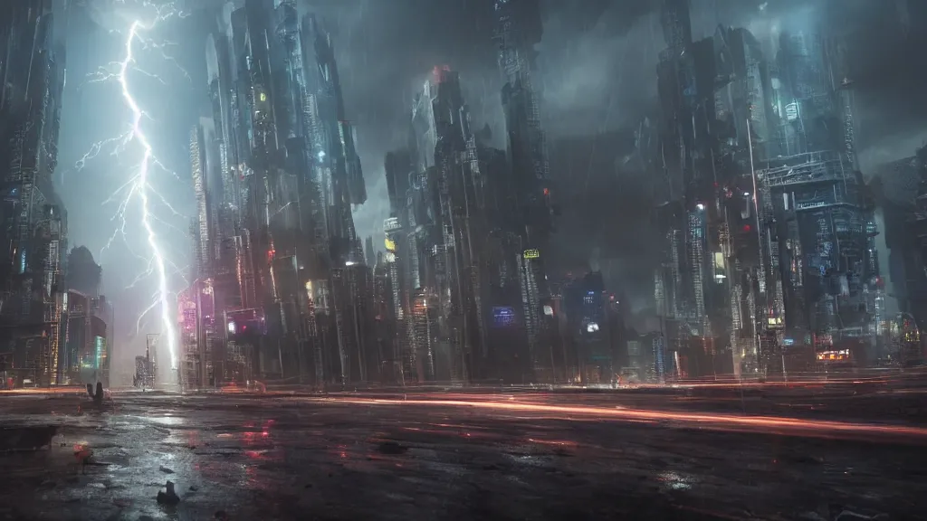 Image similar to a huge lightning strike destroying a dystopian city, cyberpunk, sharp focus, dynamic lights, still, photograph, hyper realistic, masterpiece, octane render, rendered, 3 d, cinematic, cinematic lighting, dramatic lighting, highly detailed, intricate details, texture, cinematic composition, wide shot, by donglu yu and kevin jick and eddie del rio