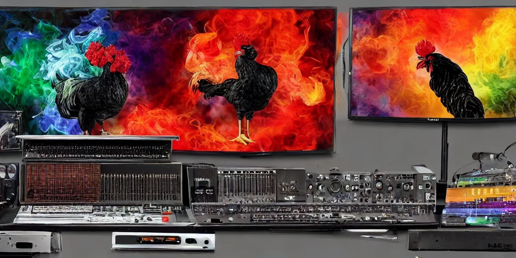 Image similar to 'black rooster'!!! smoking 'cannabis'!!!!!! in front of 'audio console'!!!! and 'pc masterrace RGB custom build'!!!!! 'multi monitors and projectors'!!!! 'in a hi-tech tv broadcasting studio with red camera rig'!!!!, artwork by James Gilleard