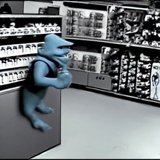 Image similar to security camera footage of a smurf breaking into a convenience store.