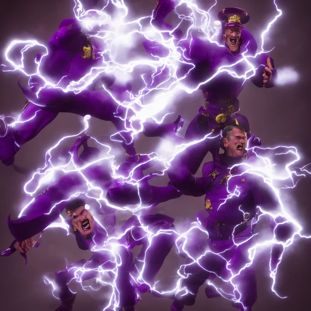 Image similar to m. bison, full body, big smile white teeth, purple smoke, purple lightning, volumetric light, highly detailed, sharp focus, 8 k