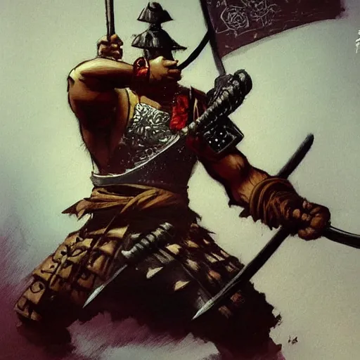 Image similar to samurai by frank frazetta, striking a pose, fantasy, dungeons & dragons, sharp focus, striking, artstation contest winner, detailed