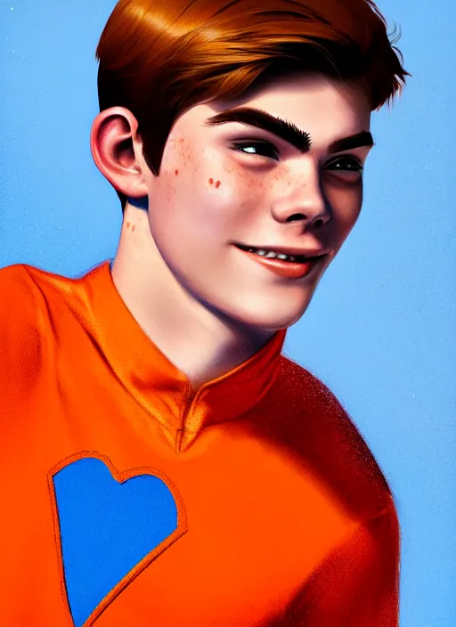 Image similar to friendly teenage archie andrews wearing an orange superhero costume with heart logo, freckles, pureheart the powerful, heart emblem on chest, blue cape, intricate, elegant, glowing lights, highly detailed, digital painting, artstation, sharp focus, illustration, art by wlop, mars ravelo and greg rutkowski