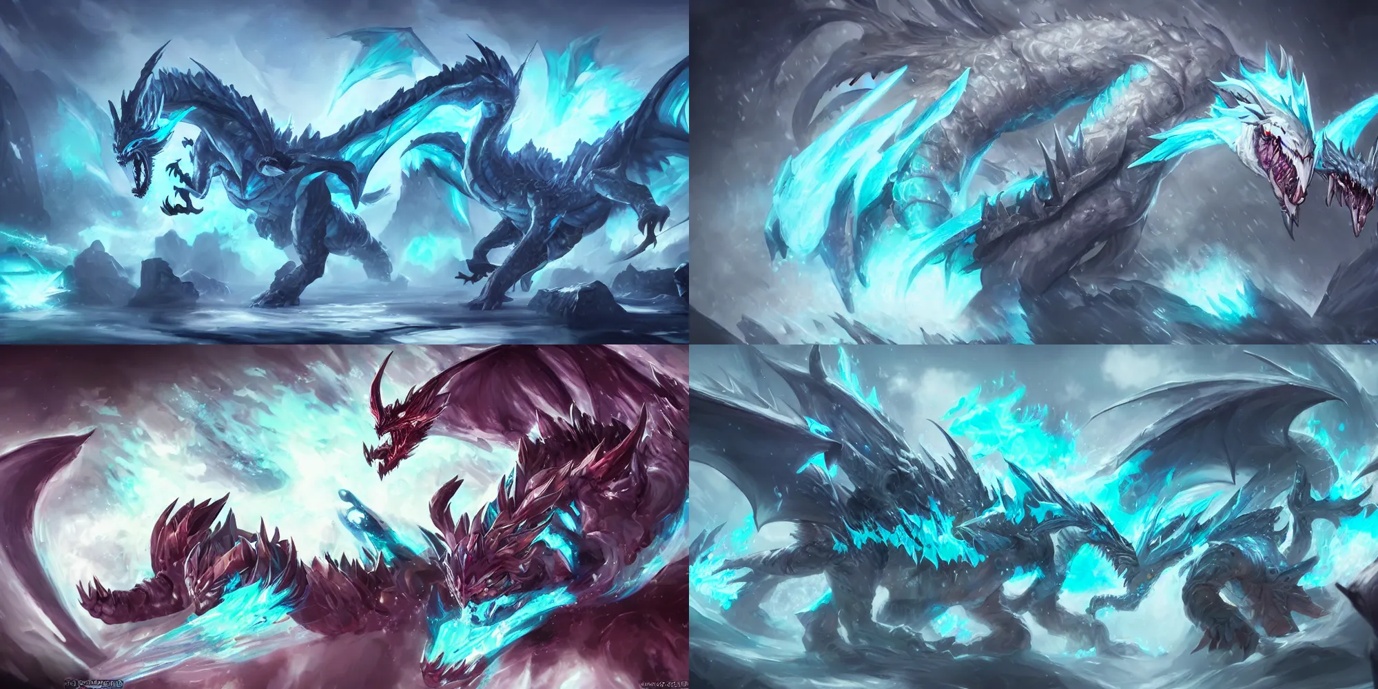 Prompt: intimidating ice dragon, League of Legends Splash art, Trending on Artstation, Riot Games