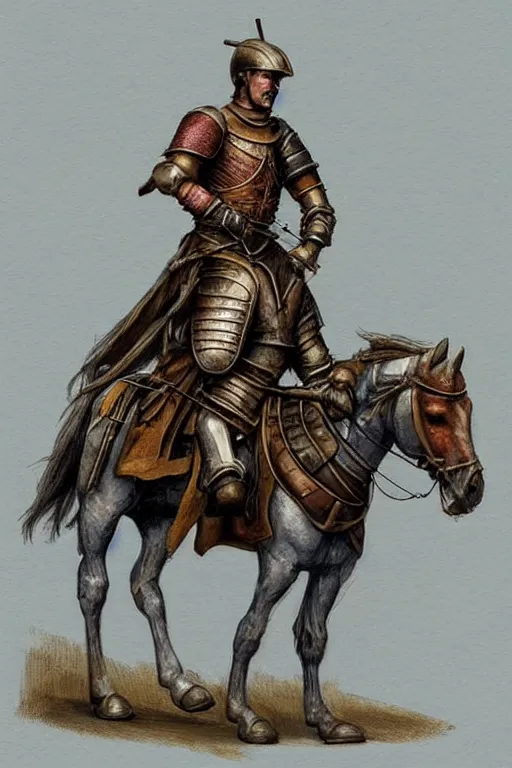 Image similar to ( ( ( ( ( ( ( a knight riding a horse with wagon wheels ) ) ) ) ) ) ) by chris mcgrath and greg rutowski and wlop!!!!!!!!!!!!!! muted colors, detailed