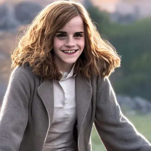 Prompt: Still of Emma Watson as Hermione Granger smiling. Prisoner of Azkaban. During golden hour. Extremely detailed. Beautiful. 4K. Award winning.