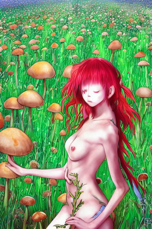 Prompt: yuuka kazami hot woman standing in a mushroom field, psychedelic, lsd, detailed upper body, beautiful face, detailed eyes, by yoshitaka amano, trending on artstation