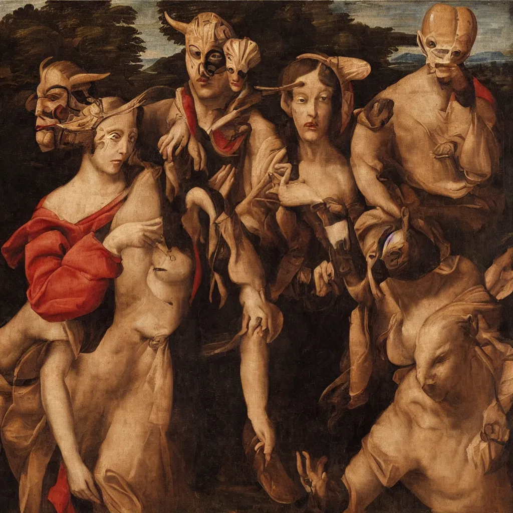 Prompt: a renaissance painting of an exhausted woman in mask, a man in a suit with horns stands behind her