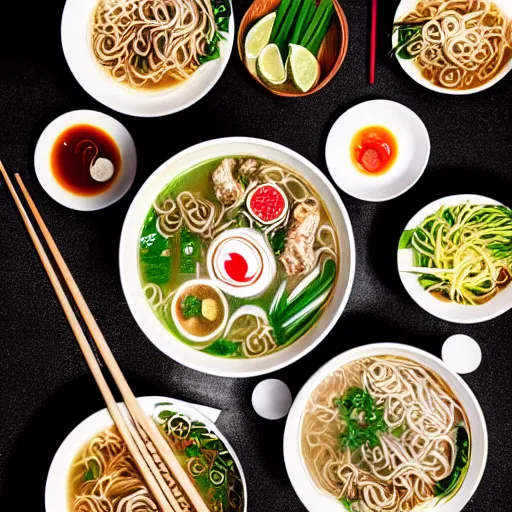 Prompt: flatlay realistic photo of delicious pho, ramen, aesthetic table cloth, highly detailed, global illumination, masterpiece, 8 k hd, award winning, artstation,