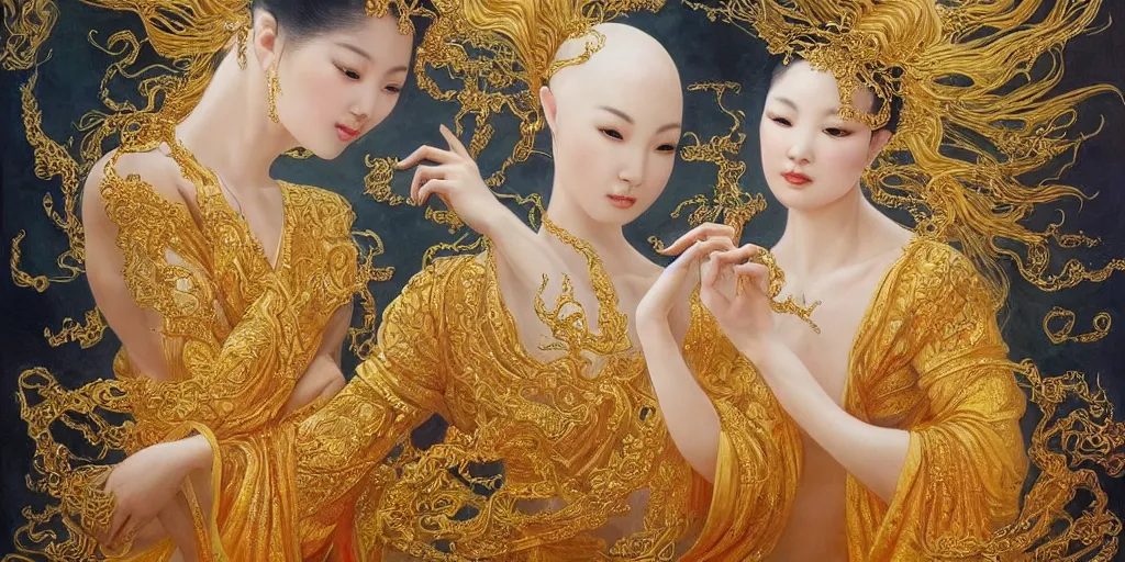 Image similar to asian nymph bald goddess, flowing golden silk twisting with whiten tattoos of cursive sigils on her opalescent skin, fantasy, intricate, very beautiful, elegant, golden light, highly detailed, oil painting by mai xuan thu