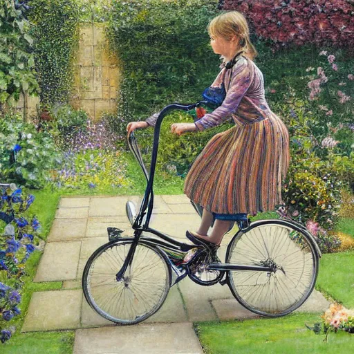 Prompt: a girl riding uk brompton bike in a garden, by donato giancola