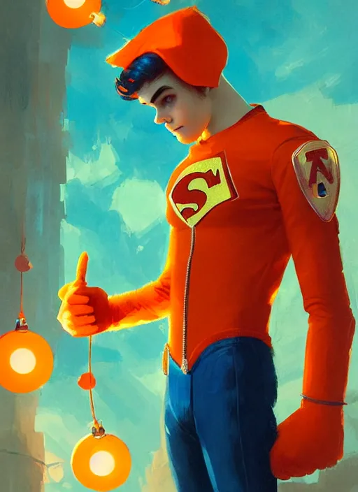 Image similar to teenage archie andrews wearing an orange superhero costume, intricate, elegant, glowing lights, highly detailed, digital painting, artstation, sharp focus, illustration, art by wlop, mars ravelo and greg rutkowski