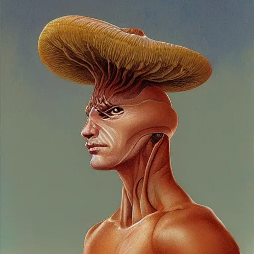 Image similar to frontal portrait of an humanoid warrior mushroom, by Gerald Brom