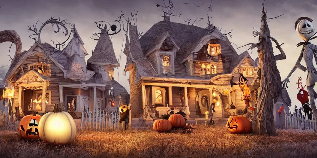 Prompt: a scene from tim burtons nightmare before christmas, halloween town, illustration, reality, wide shot, light colors, highly detailed, sharp focus, cinema 4 d, 3 d, octane render