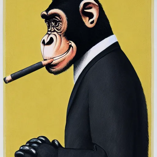 Image similar to a high detail photo of an antropomorphic chimp wearing a suit smoking a cigarrette, subject= chimp, subject detail: wearing a suit, subject action: smoking a cigarrette photorealism