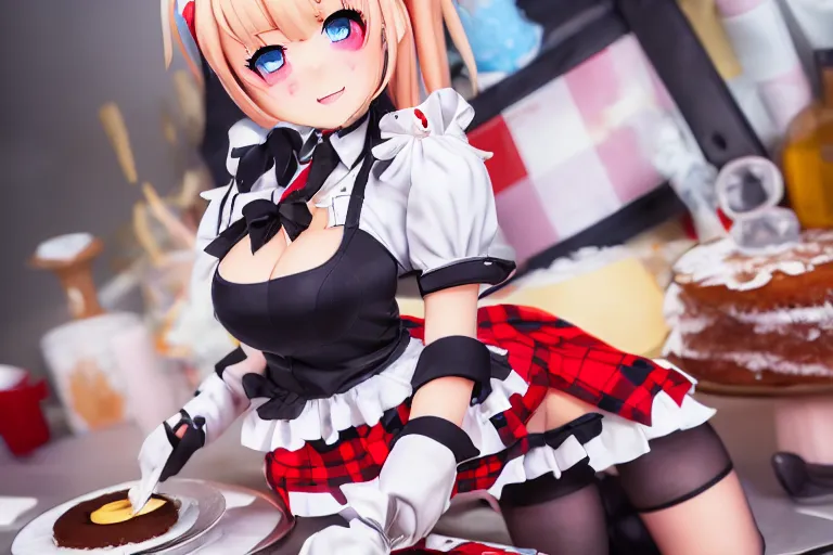 Prompt: Beautiful art of Prinz Eugen from Azur Lane wearing a tartan miniskirt and baking a cake. Voluptuous. 8k. Studio lighting.