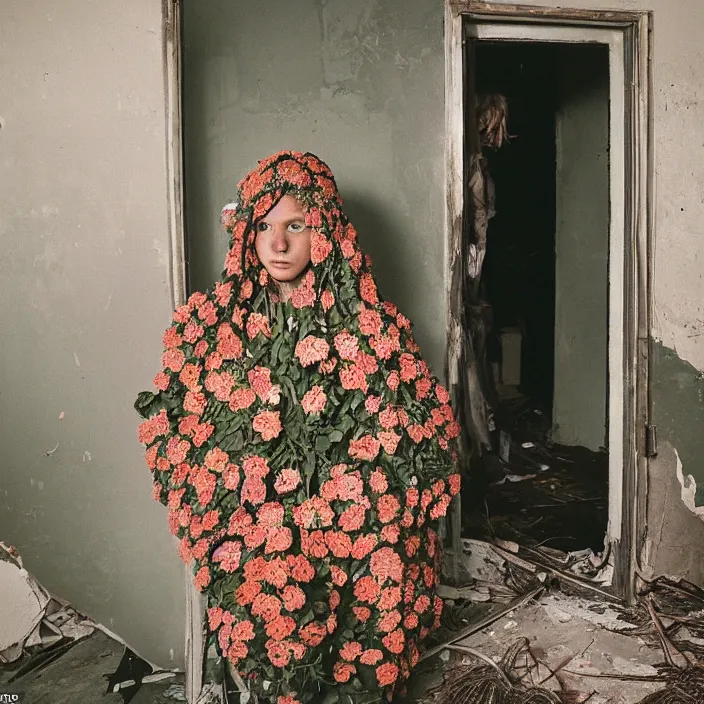 Image similar to a woman wearing a hooded cloak made of zinnias and barbed wire, in a derelict house, by Petra Collins, natural light, detailed face, CANON Eos C300, ƒ1.8, 35mm, 8K, medium-format print