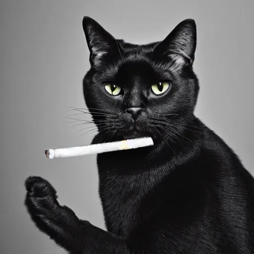 Image similar to a portrait of a black cat holding a cigarette, intricate, cinematic lighting, highly detailed, smooth, sharp focus, hyperrealism