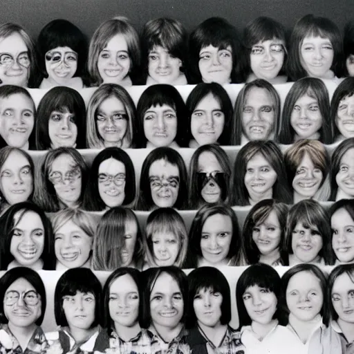 Prompt: class photo, googly eyes, shark teeth, photo from the 70s