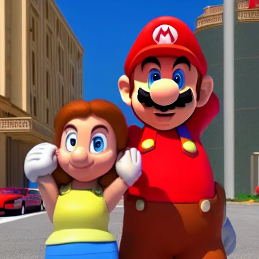 Image similar to super mario and hispanic princess peach spicy latina in pixar animated movie 4k octane render