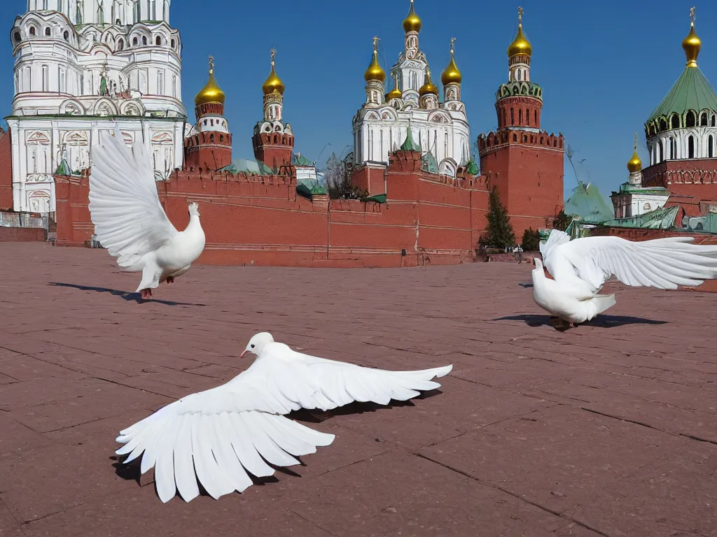 Prompt: a huge white dove lying on its back in front of the kremlin moscow russia onion dome photograph