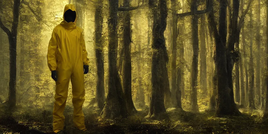 Image similar to a mysterious man in a yellow hazmat suit stands in a detailed fantastic forest, painting, concept - art, rendering, octane, redshift, cinematic composition, volumetric lighting