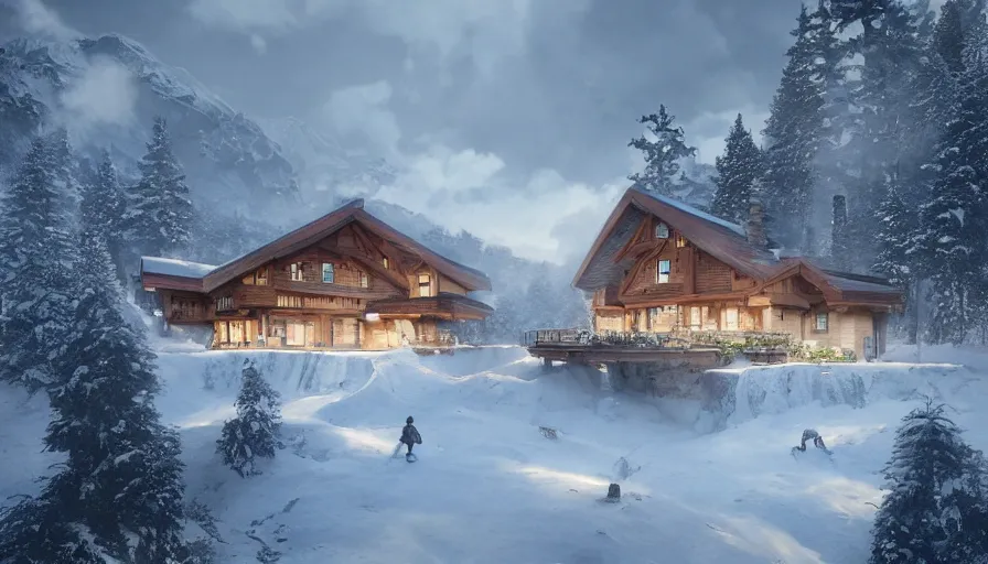 Image similar to A highly detailed matte painting of Modern chalet built in the snowy mountains, by Studio Ghibli, Makoto Shinkai, by Artgerm, by WLOP, by Greg Rutkowski, volumetric lighting, octane render, 4K resolution