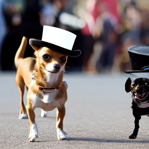 Prompt: a chihuahua wearing a top hat walking Matthew McConaughey on a tightrope