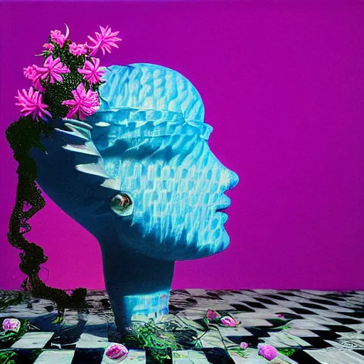 Image similar to surreal ocean, sea, water, pool, checkerboard pattern, award winning masterpiece with incredible details, a surreal vaporwave vaporwave vaporwave vaporwave vaporwave painting by Thomas Cole of an old pink mannequin head with light beaming out of its eyes, flowers growing out of its head, sinking underwater, ocean waves, highly detailed, shocking