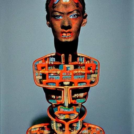 Prompt: A Nubian cyborg, portrait, by Nam June Paik, Man Ray, Richard Avedon