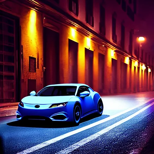 Image similar to a #Jigouli car in the middle of a road on the night Rome, blue color grading, cinematic color grading , unreal 5, hyperrealistic, realistic, photorealistic, dynamic lighting, highly detailed, cinematic landscape, studio landscape, studio lighting