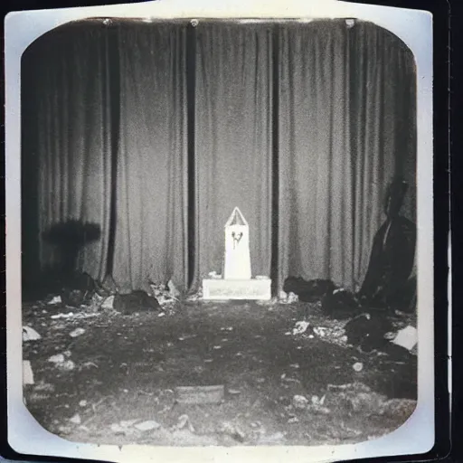 Image similar to occult sacrifice, dark figures gathered around alter in abandoned building, 1970s era Polaroid photo