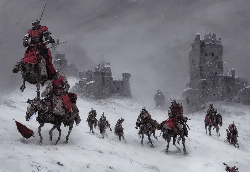 Image similar to medieval knights riding on a deep snowy dirt road towards a castle ruin, artstation, jakub rozalski, high detail