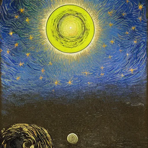 Image similar to stars, solar eclipse, looming over the earth, hdr, hq, painting by gustave dore and vincent van gogh