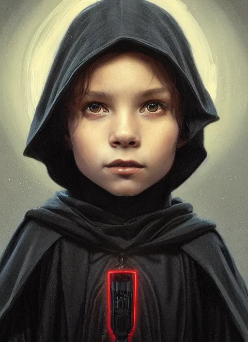 Image similar to perfectly - centered - portrait of a kid wearing black cloak holding light saber, intricate, highly detailed, digital painting, artstation, concept art, smooth, sharp focus, illustration, unreal engine 5, 8 k, art by artgerm and greg rutkowski and alphonse mucha