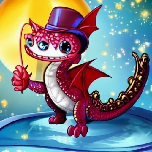 Image similar to Adorable sparkling, shiny crimson baby dragon with cute crystal clear blue eyes wearing a black top hat and a monocle