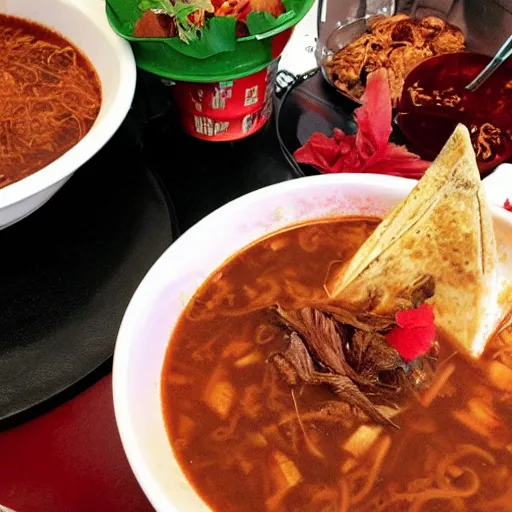 Image similar to a red goat eating pozole