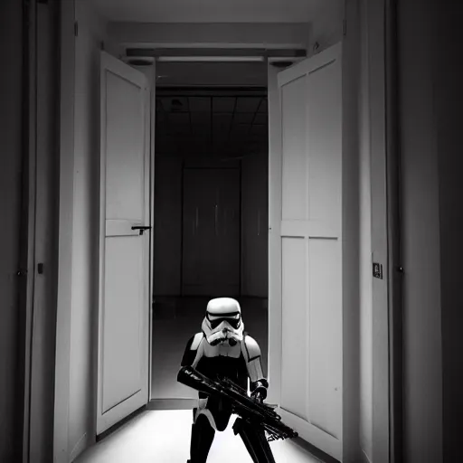 Image similar to an amazing award winning photo of a stormtrooper standing in a room in an asylum