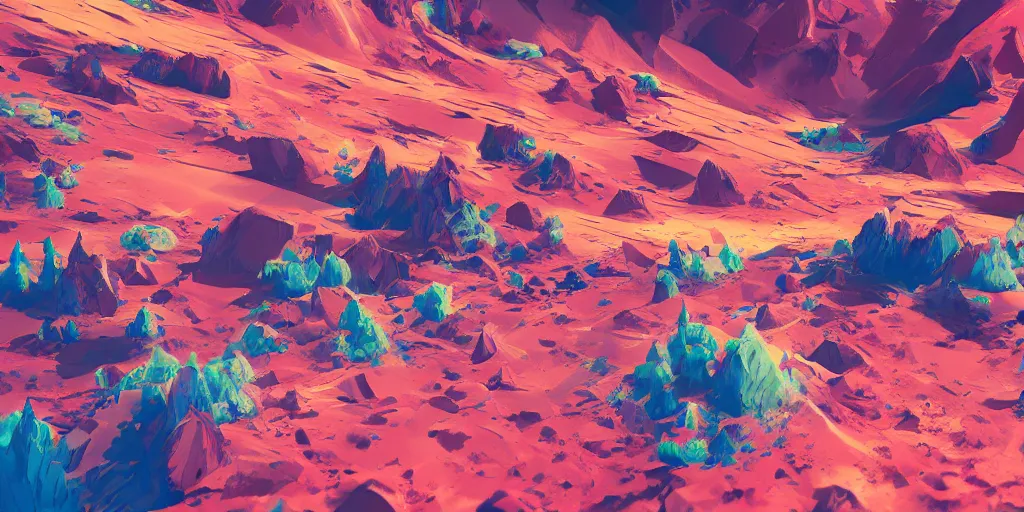 Image similar to abstract 3d painted landscape in the year 2020 by james jean painted in no mans sky style, redshift, octane