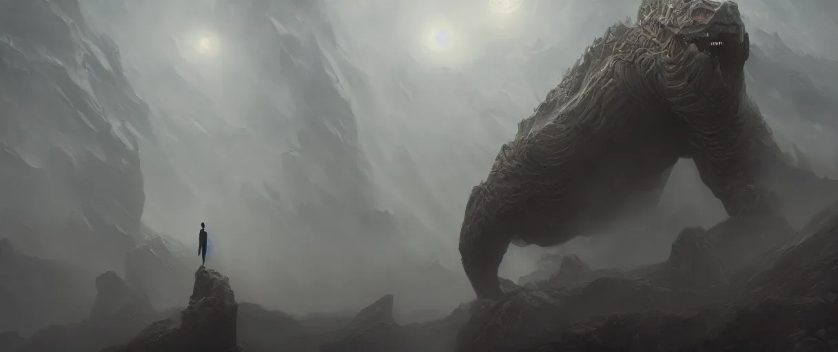 Image similar to A terrifying giant monster made of mist and paint, dramatic atmosphere, cinematic lighting, masterpiece digital painting by Alex Grey, Greg Rutkowski, 4k wallpaper, artstation