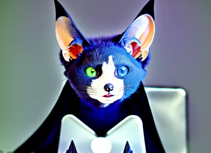 Image similar to a blue - and - black male catbat fursona with blue / green heterochromatic eyes ( differently - colored eyes, one eye green, one eye blue ) and huge bat ears, photo of the catbat streaming on his computer