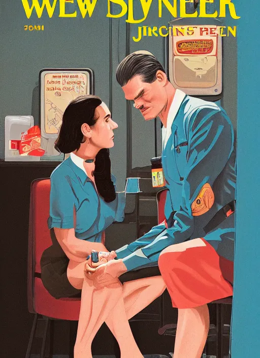 Image similar to Twin Peaks art, of Michael Shannon dressed as mechanic talking to Jennifer Connelly wearing light blue diner waitress dress, poster artwork by Sam Weber, Laurent Durieux, Katherine Lam from scene from Twin Peaks, from scene from Twin Peaks, clean, New Yorker magazine cover