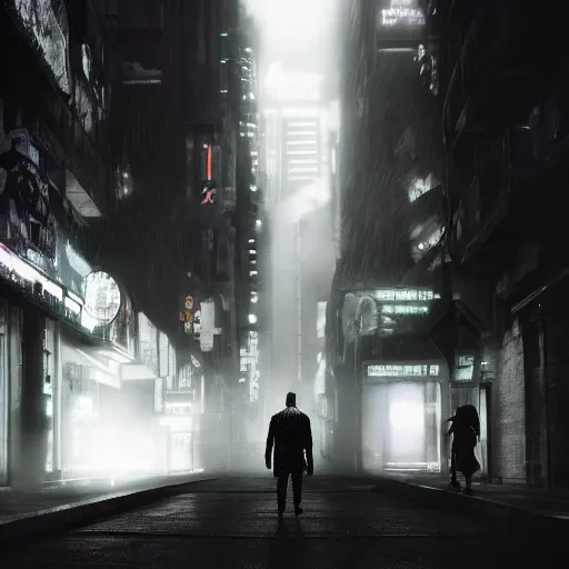 Image similar to a man wearing a trenchoat, walking down a dark street, neonoir, cyberpunk, Blade Runner inspired, film still