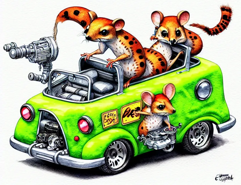 Image similar to cute and funny, quoll riding in a tiny hot rod with oversized engine, ratfink style by ed roth, centered award winning watercolor pen illustration, isometric illustration by chihiro iwasaki, edited by range murata, tiny details by artgerm and watercolor girl, symmetrically isometrically centered